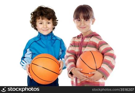 Two adorable children with basketball on a over white background