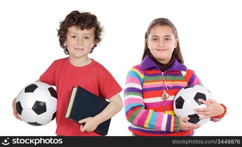 Two adorable children with soccer balls on a over white background