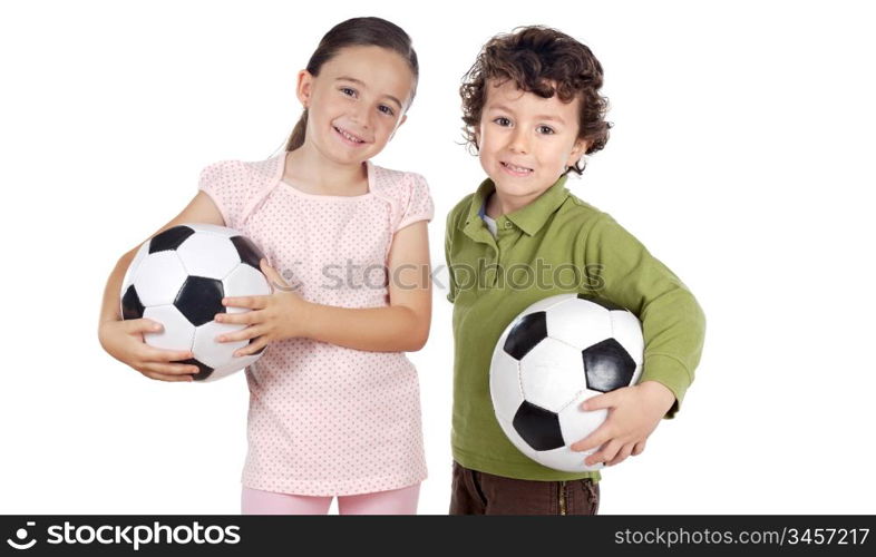 Two adorable children with soccer balls on a over white background