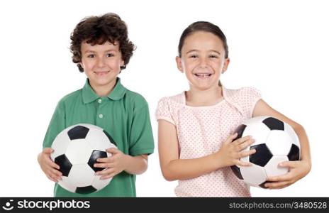 Two adorable children with soccer balls on a over white background