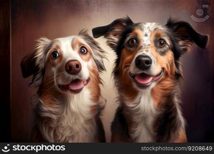 two adorable dogs sitting next to each other, looking into the camera with happy expressions, created with generative ai. two adorable dogs sitting next to each other, looking into the camera with happy expressions