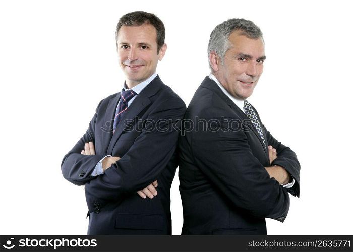 two adult businessman posing back together team portrait