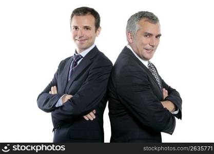 two adult businessman posing back together team portrait