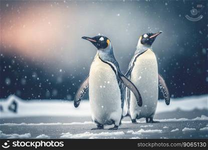 Two adult penguins. Standing on snow. Generative AI.. Two adult penguins. Standing on snow. Generative AI