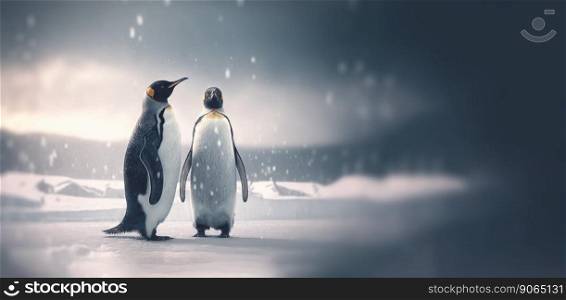 Two adult penguins. Standing on snow. Generative AI.. Two adult penguins. Standing on snow. Generative AI