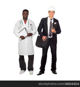 Two adult workers. African American doctor and Caucasian architect isolated on white background