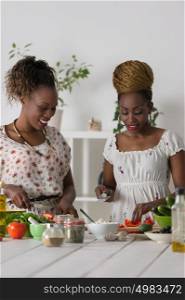 Two african women cooking in kitchen making healthy food salad with vegetables