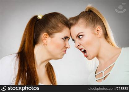 Two agressive women having argue fight being mad at each other. Female violance concept.. Two agressive women having argue fight