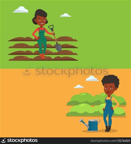 Two agricultural banners with space for text. Vector flat design. Horizontal layout. Farmer standing with shovel on plowed field. Farmer working in field with shovel. Woman plowing field with a shovel. Two agricultural banners with space for text.