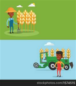 Two agricultural banners with space for text. Vector flat design. Horizontal layout. Farmer standing on background of combine harvester working in field. Farmer and combine harvester harvesting wheat.. Two agricultural banners with space for text.