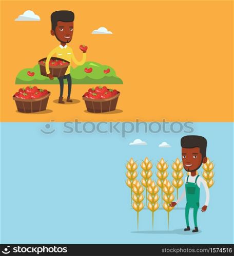 Two agricultural banners with space for text. Vector flat design. Horizontal layout. Happy caucasian farmer holding basket with tomatoes. Farmer showing ripe red tomato. Farmer collecting tomatos.. Two agricultural banners with space for text.