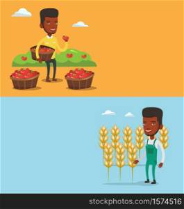 Two agricultural banners with space for text. Vector flat design. Horizontal layout. Happy caucasian farmer holding basket with tomatoes. Farmer showing ripe red tomato. Farmer collecting tomatos.. Two agricultural banners with space for text.