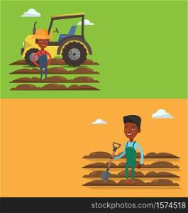 Two agricultural banners with space for text. Vector flat design. Horizontal layout. Farmer standing on background of tractor and plowed field. Caucasian farmer standing with shovel on plowed field.. Two agricultural banners with space for text.