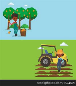 Two agricultural banners with space for text. Vector flat design. Horizontal layout. Farmer in summer hat standing on the background of tractor preparing land. Farmer standing in front of tractor.. Two agricultural banners with space for text.