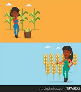 Two agricultural banners with space for text. Vector flat design. Horizontal layout. Farmer standing on the background of wheat field. Farmer working in wheat field. Farmer checking wheat harvest.. Two agricultural banners with space for text.