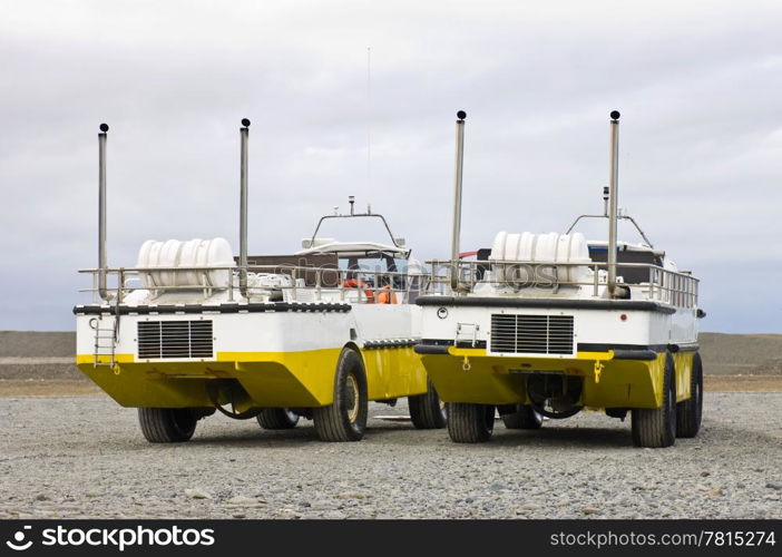 Two amphibious vehicles, used to carry passengers and/or tourists over the Jokulsarlon Glacier lake in Iceland