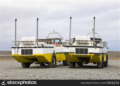 Two amphibious vehicles, used to carry passengers and/or tourists over the Jokulsarlon Glacier lake in Iceland
