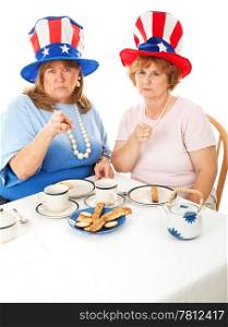 Two angry conservative voters having an actual tea party. White background. Room for text at the bottom of frame.