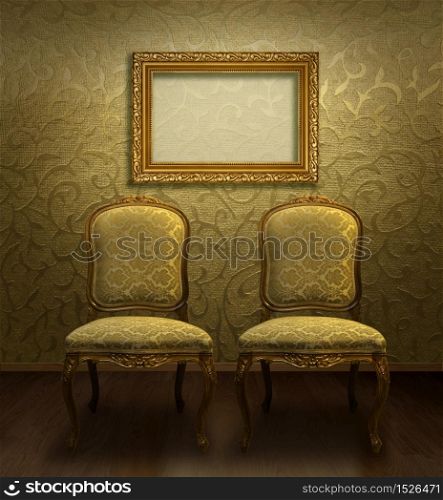 Two antique chairs and empty frame in gold brocade decorated room. Classic chairs in golden room