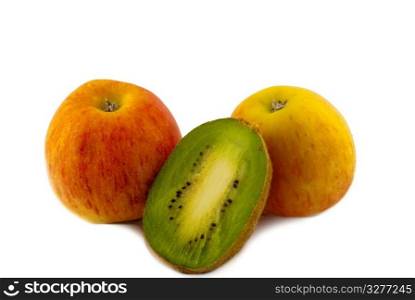 Two apples and half kiwi on a white background