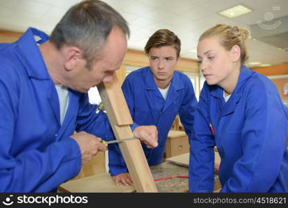 Two apprentices watching carpenter