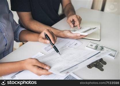 Two asian couples and men and women are together analyzing expenses or finances in deposit accounts and daily income sources with an savings economical concept.