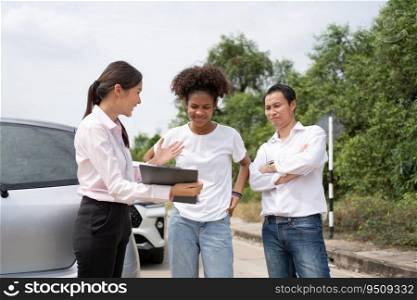Two Asian driver Talk to Insurance Agent for examining damaged car and customer checking on report claim form after an accident. Concept of insurance and car traffic accidents.