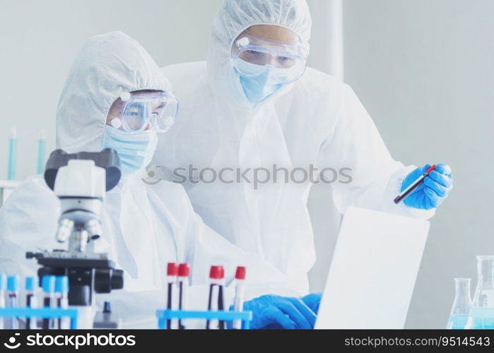 Two asian scientist team reserch chemistry science tube experiment biotech antibody sample in laboratory Cultivate Vaccine against covid-19 virus. Scientist consult, analyze in Chemistry Laboratory