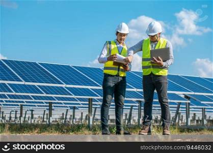 Two Asian young engineers walking along rows of photovoltaic panels in solar farm, They use  laptop computer and talking together