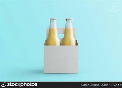Two assorted soda bottles, non-alcoholic drinks with white paper box isolated on toscha background.3d rendering. fit for your design project.
