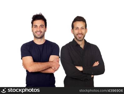 Two attractive boys in black isolated on white background
