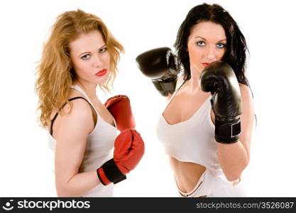 two attractive woman in boxing gloves. Isolated on white