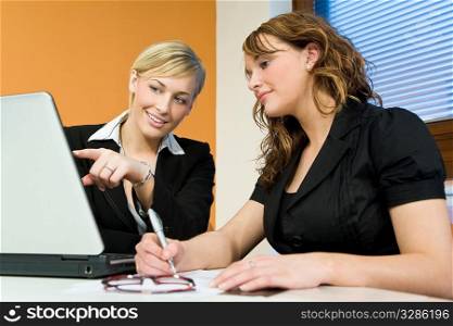 Two attractive young female executives working together on a laptop