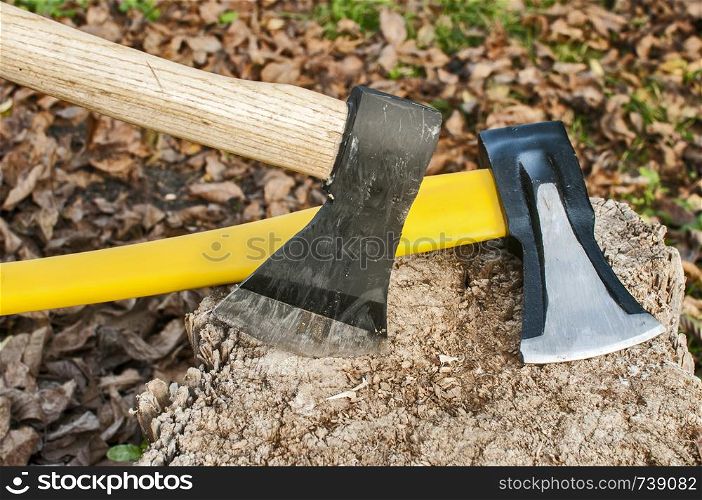Two axes blades stuck in old stump on autumn dry leaves background