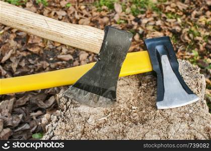 Two axes blades stuck in old stump on autumn dry leaves background