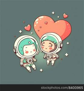 Two babies astronauts floating through space together holding on to a heart-shaped balloon. Generative AI