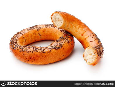 two bagels with poppy seeds isolated on white background
