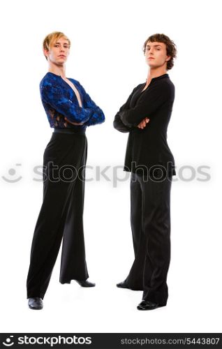 Two ballroom male dancers with crossed arms on white background &#xA;