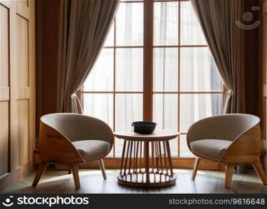  Two barrel chairs and round wooden coffee table against window near paneling wall