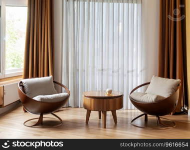  Two barrel chairs and round wooden coffee table against window near paneling wall