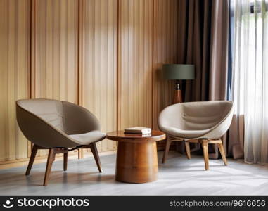  Two barrel chairs and round wooden coffee table against window near paneling wall