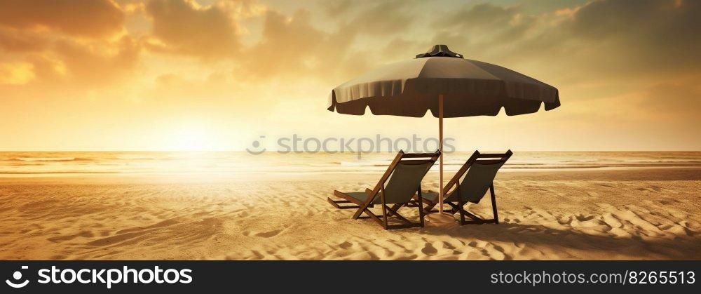 Two beach chair and umbrella on beautiful beach on sunset. Travel paradise concept. Generative AI.. Two beach chair and umbrella on beautiful beach on sunset. Travel paradise concept. Generative AI