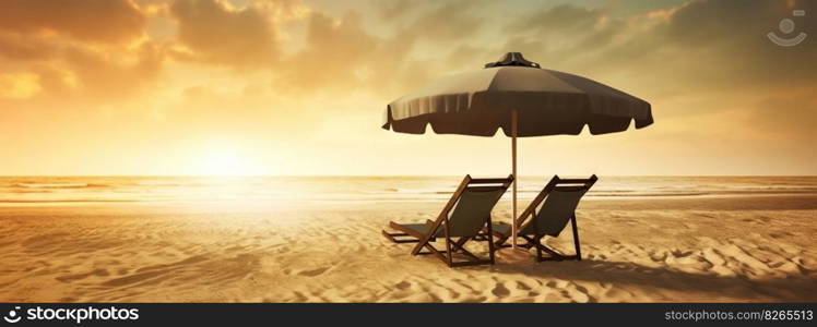 Two beach chair and umbrella on beautiful beach on sunset. Travel paradise concept. Generative AI.. Two beach chair and umbrella on beautiful beach on sunset. Travel paradise concept. Generative AI