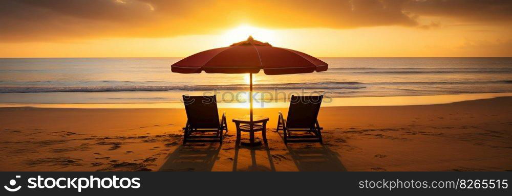 Two beach chair and umbrella on beautiful beach on sunset. Travel paradise concept. Generative AI.. Two beach chair and umbrella on beautiful beach on sunset. Travel paradise concept. Generative AI