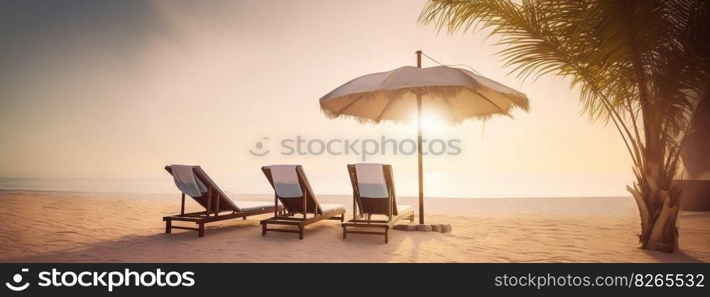Two beach chair and umbrella on beautiful beach on sunset. Travel paradise concept. Generative AI.. Two beach chair and umbrella on beautiful beach on sunset. Travel paradise concept. Generative AI