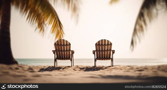 Two beach chair on beautiful tropical beach. Travel paradise concept. Generative AI.. Two beach chair on beautiful tropical beach. Travel paradise concept. Generative AI