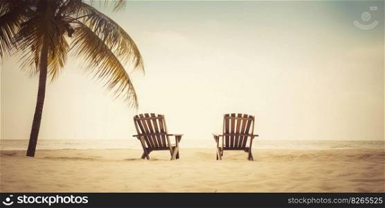 Two beach chair on beautiful tropical beach. Travel paradise concept. Generative AI.. Two beach chair on beautiful tropical beach. Travel paradise concept. Generative AI