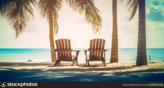 Two beach chair on beautiful tropical beach. Travel paradise concept. Generative AI.. Two beach chair on beautiful tropical beach. Travel paradise concept. Generative AI