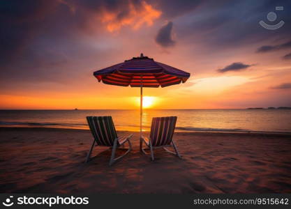Two beach chairs and a little table with a colorful parasol directly on the beach during sunset created with generative AI technology