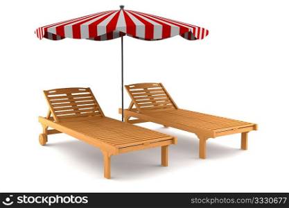 two beach chairs and umbrella isolated on white background with clipping path